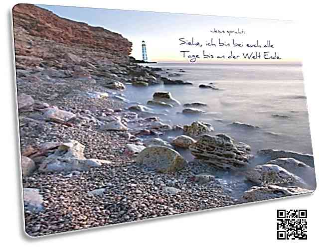 Christliche Postkarte: Felsenstrand mit Leuchtturm - Matthäus 28, 20
