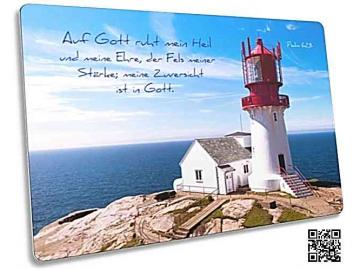 Christliche Postkarte mit tollem Motiv: Leuchtturm auf Felsen - Psalm 62,8