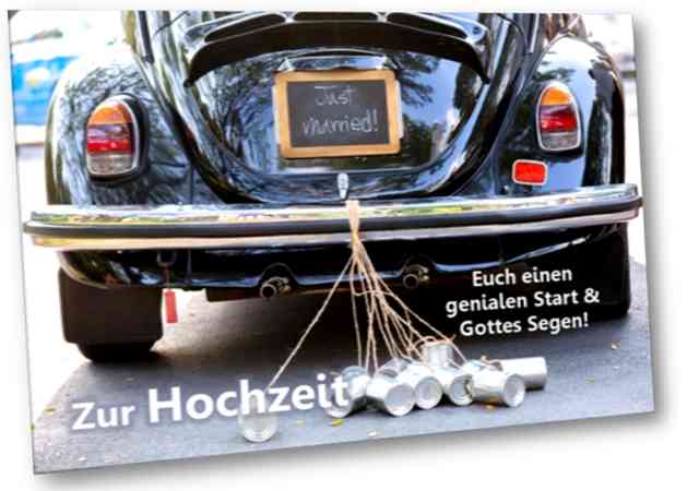 Christliche Hochzeitskarte - Faltkarte, mit Kuvert - Motiv: VW Käfer als Brautauto