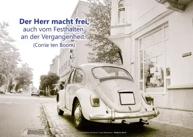 Christliches Poster A2: Weißer VW Käfer