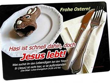 Christliche Osterkarte: Teller mit Schokohasenreste