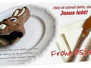 Christliche Osterkarte Maxicard: Teller mit Schokohasenreste