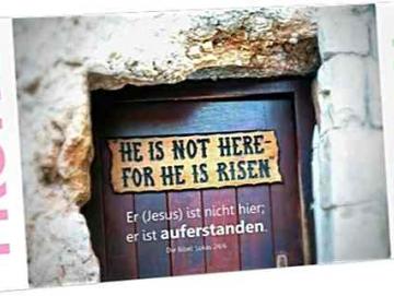 Christliche Osterkarte Maxicard: Tafel an der Tür zum Gartengrab