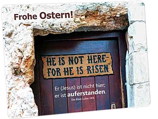 Christliche Osterkarte: Tafel an der Tür zum Gartengrab