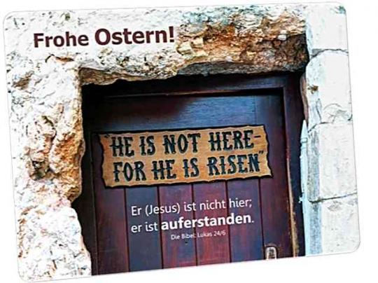 Osterkarte: Tafel an der Tür zum Gartengrab