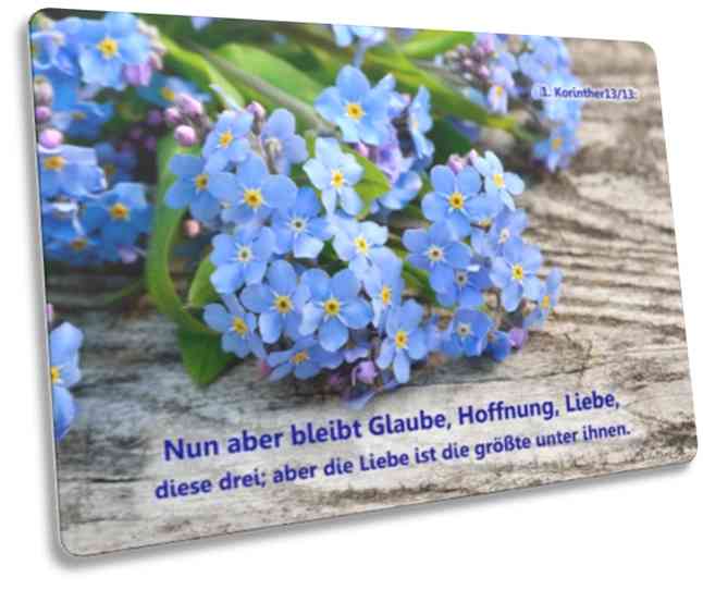 Christliche Postkarte: Vergissmeinnicht-Blüten - 1. Korinther 13,13