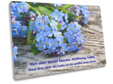 Christliche Postkarte: Vergissmeinnicht-Blüten - 1. Korinther 13,13