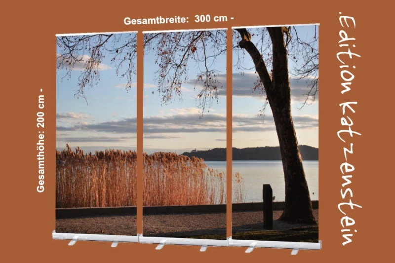 3er-Set Roll-Up Displays mit Abendstimmung am Plattensee ohne Texteindruck – dezente und stilvolle Trauerdekoration für Bestatterbedarf (300 x 200 cm)