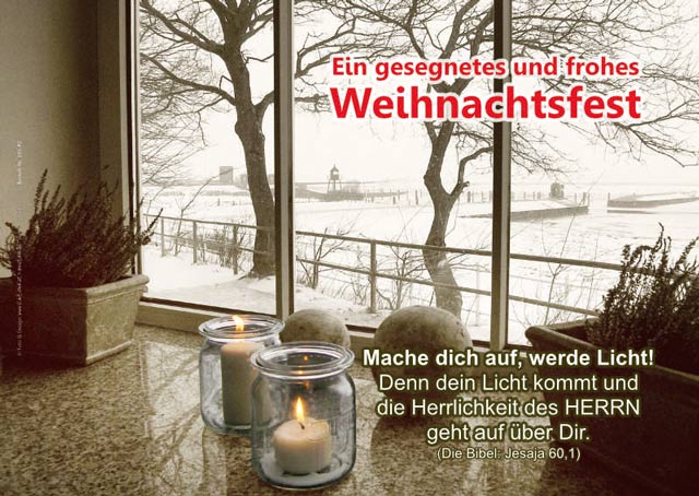 A4 Poster Winterfenster mit Kerzenlicht, Schnee und Bibelvers „Mache dich auf, werde Licht!“ Jesaja 60,1