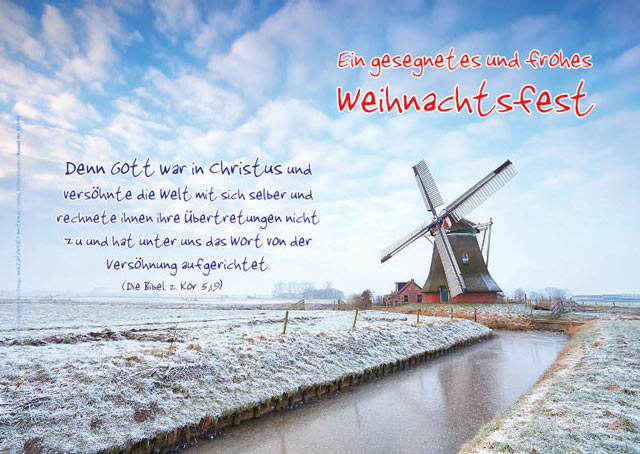 Poster A4: Windmühle in verschneiter Winterlandschaft mit Bibelvers 2. Korinther 5,19 auf hochwertigem 170g Papier