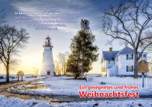 Christliches Weihnachts-Poster A4: Winterliches Motiv mit Leuchtturm und alter Villa im Abendlicht, ergänzt durch Bibelvers Apostelgeschichte 4,12