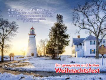 Poster Weihnachten A4: Leuchtturm neben alter Villa