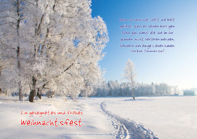 Christliches Weihnachts-Poster im Format A4 mit verschneiter Winterlandschaft und Bibelvers Johannes 3,16 „Denn so sehr hat Gott die Welt geliebt …“