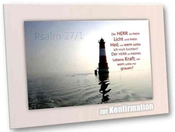 Christliche Konfirmationskarte: Arngaster Leuchtturm im Gegenlicht -Psalm 27,1