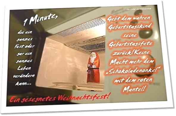 Christliche Weihnachtskarte: Schokoladenweihnachtsmann in Mikrowelle