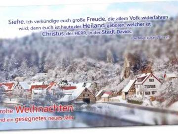 Christliche Weihnachtskarte: Verschneites Dorf