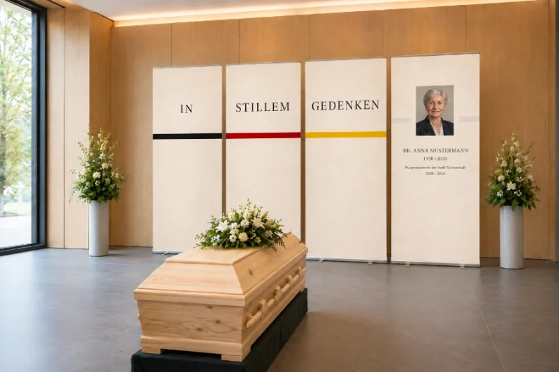 4-teilige Roll-Up Displays in moderner Trauerhalle mit Sarg und stilvollem Blumenschmuck