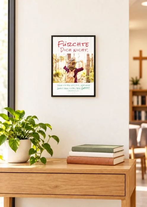 Poster zur Jahreslosung 2027 in DIN A3 im Gemeinderaum Gerahmtes DIN-A3-Poster u201eFu00fcrchte dich nichtu201c u00fcber einer Holzkonsole im Gemeinderaum