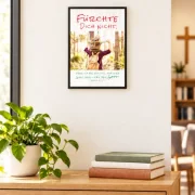 Gerahmtes DIN-A3-Poster u201eFu00fcrchte dich nichtu201c u00fcber einer Holzkonsole im Gemeinderaum