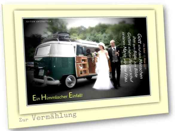 Christliche Hochzeitskarte: Brautpaar vor VW-Bus Oldtimer
