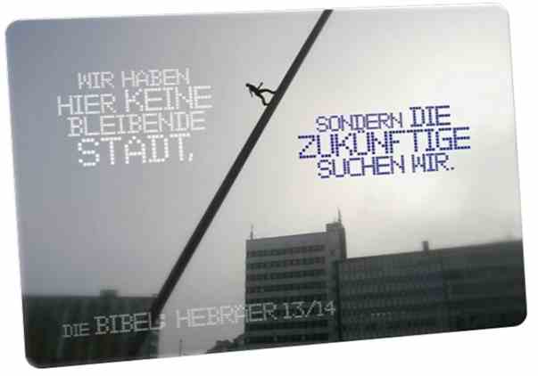 Christliche Postkarte: Skulptur - Der Himmelsstürmer - Hebräer 13,14