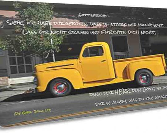 Christliche Karte: Gelber Pickup-Oldtimer