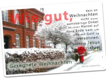 Christliche Weihnachtskarte: Weihnachtsmann im Einsatz Postkarte