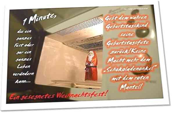 Christliche Weihnachtskarte: Schoko-Weihnachtsmann in Mikrowelle - Postkarte