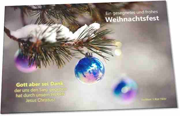Christliche Weihnachtskarte: Tannenzweig mit Weihnachtskugeln