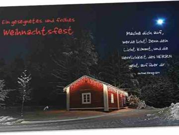 Christliche Weihnachtskarte: Holzhütte im Schnee