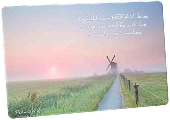 Postkarte: Windmühle in Morgenstimmung - mit Psalmvers 37,5