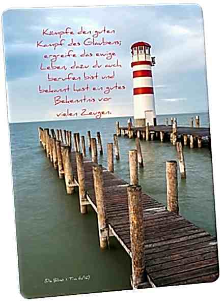 Christliche Postkarte: Leuchtttum und Holzstege - Karte mit Bibelvers: 1. Tim. 6,12