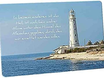 Christliche Postkarte: Weißer Leuchtturm mit Nebengebäuden