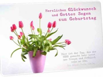 Christliche Postkarte - Geburtstag: Vase mit Tulpen