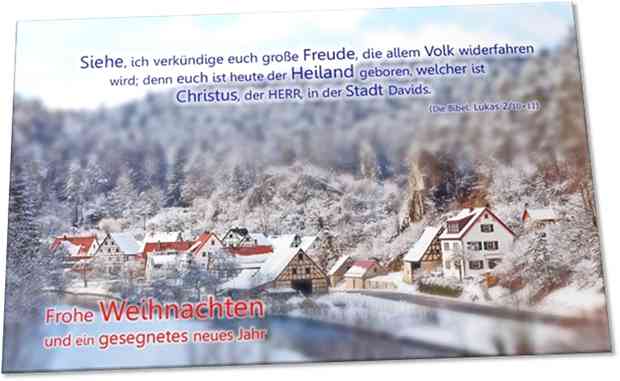 Christliche Weihnachtskarte: Verschneites Dorf