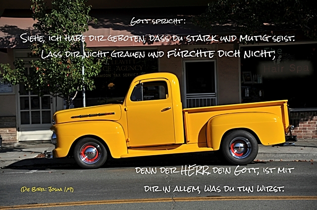 Christliches Poster A2 : Gelber Pickup-Oldtimer