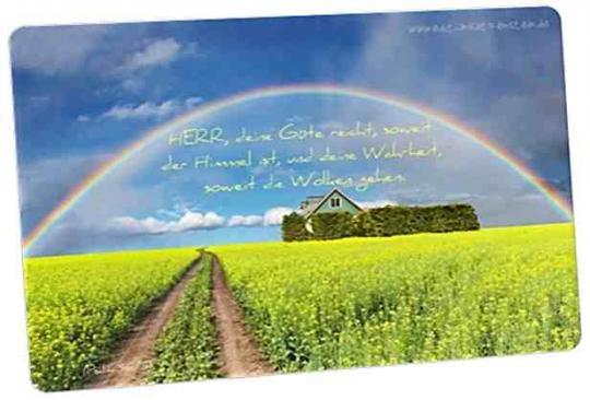 Christliche Postkarte: Regenbogen über Rapsfeld