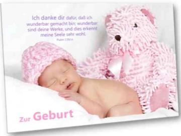 Christliche Geburtskarte: Baby mit Teddybär