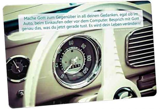 Christliche Postkarte: Armaturenbrett VW Käfer