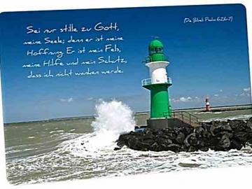 Christliche Postkarte: Leuchtturm Warnemünde - Mit Bibelvers: Psalm 62,6-7