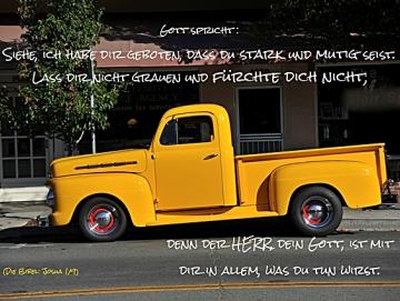 Christliches Poster A4: Gelber Pickup-Oldtimer