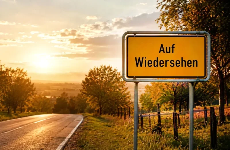 Ländliche Straße im goldenen Abendlicht mit einem Schild Auf Wiedersehen am Ortsausgang. Das Bild symbolisiert Abschiedsdesign, eine würdevolle Trauerkultur sowie Trost, Hoffnung und Dankbarkeit beim Abschied eines geliebten Menschen.
