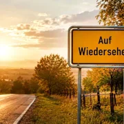 Ländliche Straße im goldenen Abendlicht mit einem Schild Auf Wiedersehen am Ortsausgang. Das Bild symbolisiert Abschiedsdesign, eine würdevolle Trauerkultur sowie Trost, Hoffnung und Dankbarkeit beim Abschied eines geliebten Menschen.