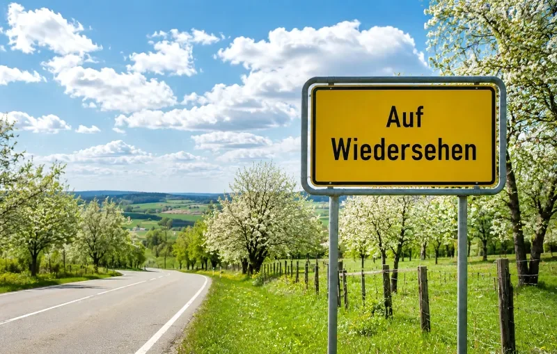 Eine Landstrasse  am Mittah mit einem Schild Auf Wiedersehen am Ortsausgang. Das Bild steht für troestliches Abschiedsdesign,
