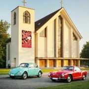 Banner mit bunt gefärbten Weinblättern und Bibelvers Psalm 103,2 „Lobe den Herrn, meine Seele...“ an der Außenfassade einer Kirche im Sonnenlicht, davor zwei klassische Oldtimer.