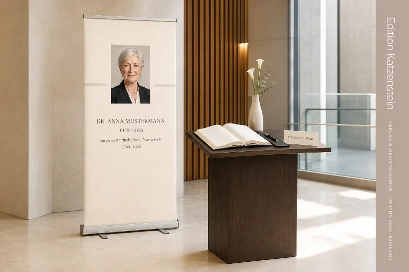 Personalisierte Roll-Up-Gedenkstele neben einem Kondolenzbuch in einem modernen Rathaus - Bestatterbedarf