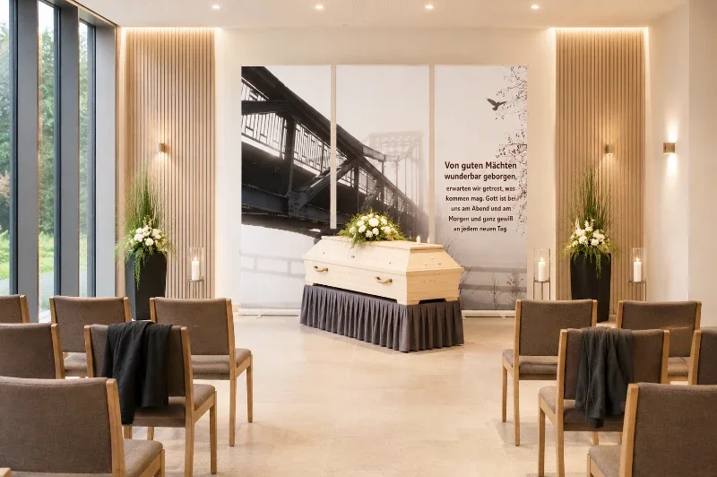 Roll-Up Display 3er-Set „Von guten Mächten“ im Einsatz in einer modernen deutschen Trauerhalle mit Sarg und dezentem Blumenschmuck