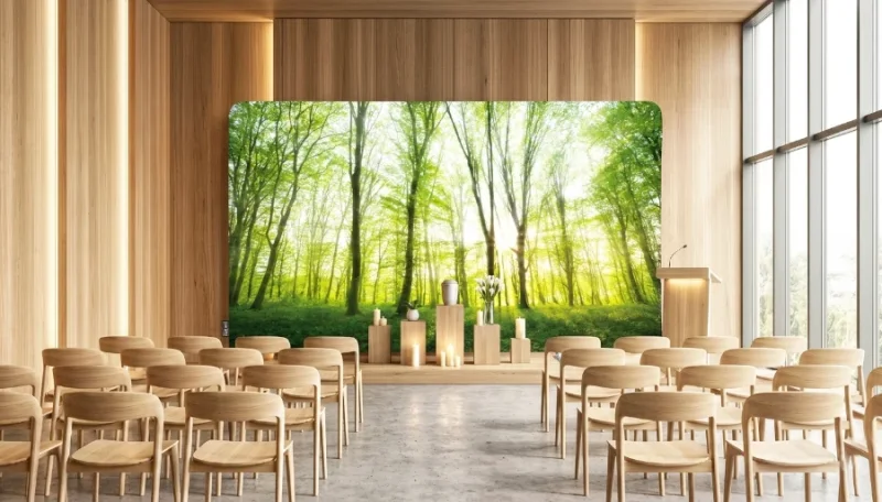 Eine moderne, holzgetäfelte Trauerhalle mit hellen Holzstühlen und einer großen, 400x230 cm großen Zipper-Wall im Stirnbereich, die ein helles Frühlingswald-Motiv hinter einer Urne zeigt.