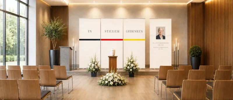 4-teiliges Roll-Up-Display-Set „In stillem Gedenken – Schwarz-Rot-Gold“ in Trauerhalle eineröffentliche Trauer- und Gedenkfeier - Bestatterbedarf