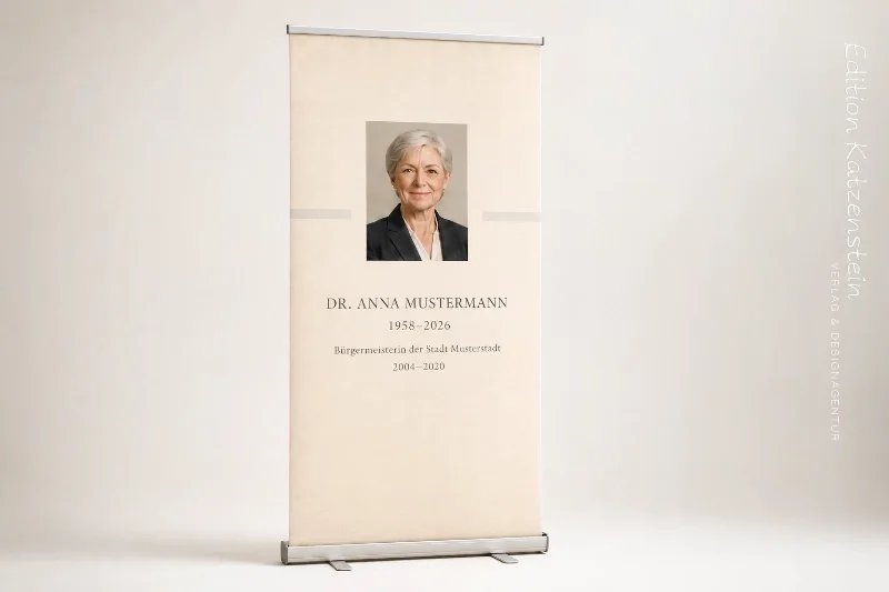 Personalisierte Roll-Up-Gedenkstele 100 × 200 cm mit Porträt, Lebensdaten, Amtsbezeichnung und elfenbeinfarbener Leinenoptik